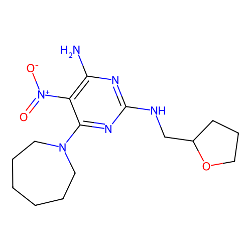 6-(azepan-1-yl)-5-nitro-N2-[(oxolan-2-yl)methyl]pyrimidine-2,4-diamine structure