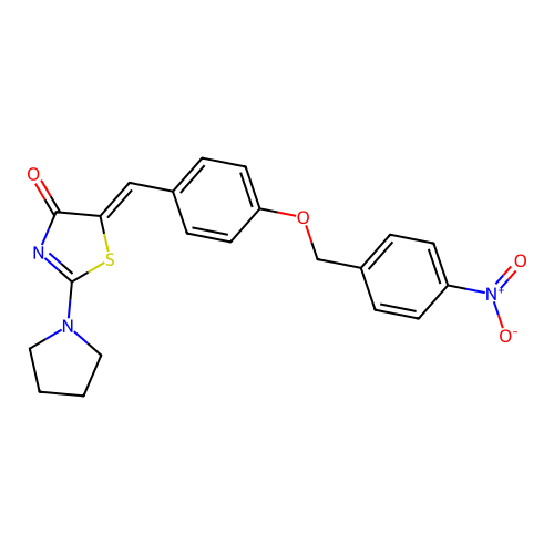 (Z)-5-(4-((4-nitrobenzyl)oxy)benzylidene)-2-(pyrrolidin-1-yl)thiazol-4(5H)-one structure