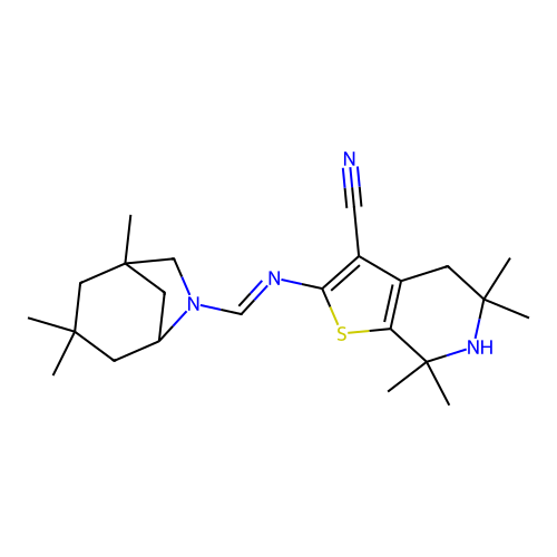 (E)-5,5,7,7-tetramethyl-2-(((1,3,3-trimethyl-6-azabicyclo[3.2.1]octan-6-yl)methylene)amino)-4,5,6,7-tetrahydrothieno[2,3-c]pyridine-3-carbonitrile structure