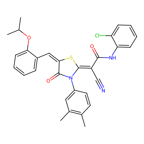 (2Z)-N-(2-chlorophenyl)-2-cyano-2-[(5E)-3-(3,4-dimethylphenyl)-4-oxo-5-[(2-propan-2-yloxyphenyl)methylidene]-1,3-thiazolidin-2-ylidene]acetamide structure