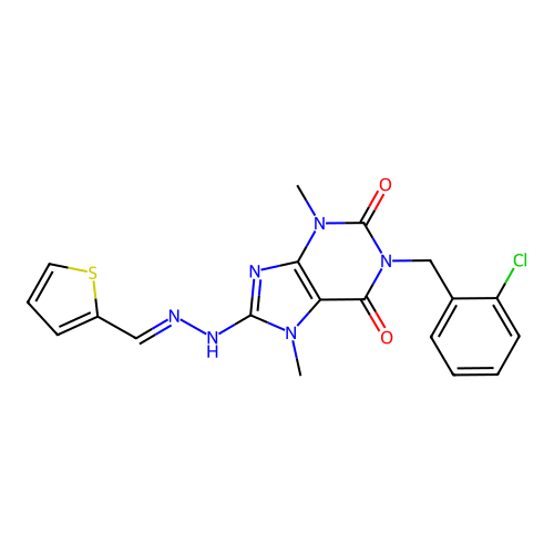 (E)-1-(2-chlorobenzyl)-3,7-dimethyl-8-(2-(thiophen-2-ylmethylene)hydrazinyl)-1H-purine-2,6(3H,7H)-dione structure