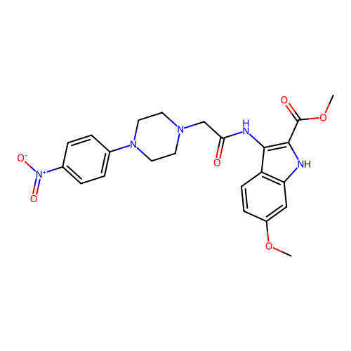 Methyl 6-methoxy-3-[[2-[4-(4-nitrophenyl)piperazin-1-yl]acetyl]amino]-1H-indole-2-carboxylate structure