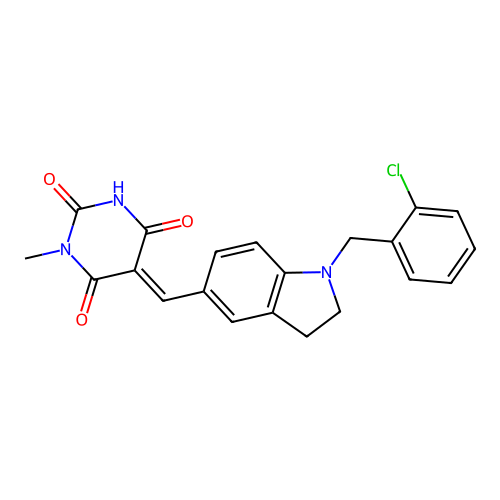 (5E)-5-[[1-[(2-chlorophenyl)methyl]-2,3-dihydroindol-5-yl]methylidene]-1-methyl-1,3-diazinane-2,4,6-trione structure
