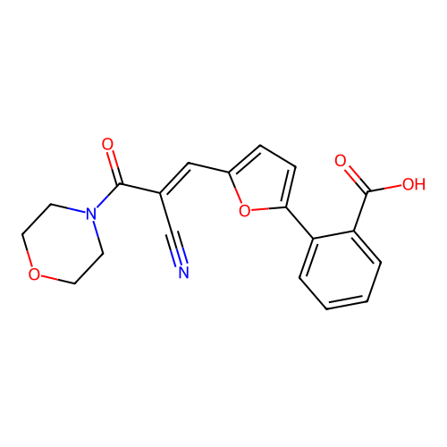 (E)-2-(5-(2-cyano-3-morpholino-3-oxoprop-1-en-1-yl)furan-2-yl)benzoic acid structure