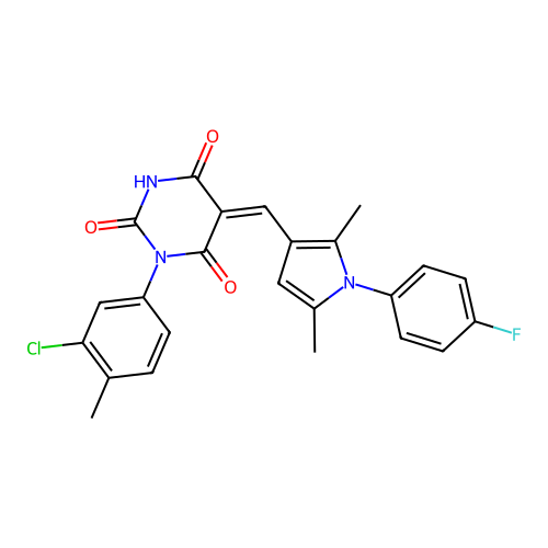 (5Z)-1-(3-chloro-4-methylphenyl)-5-[[1-(4-fluorophenyl)-2,5-dimethylpyrrol-3-yl]methylidene]-1,3-diazinane-2,4,6-trione structure