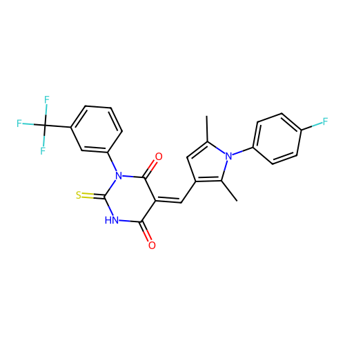 (5Z)-5-[[1-(4-fluorophenyl)-2,5-dimethylpyrrol-3-yl]methylidene]-2-sulfanylidene-1-[3-(trifluoromethyl)phenyl]-1,3-diazinane-4,6-dione structure