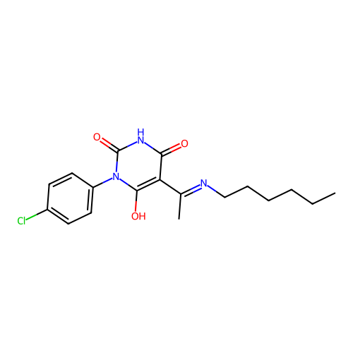 1-(4-chlorophenyl)-5-[1-(hexylamino)ethylidene]-1,3-diazinane-2,4,6-trione structure