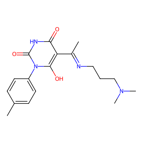 (E)-5-(1-((3-(dimethylamino)propyl)amino)ethylidene)-1-(p-tolyl)pyrimidine-2,4,6(1H,3H,5H)-trione structure