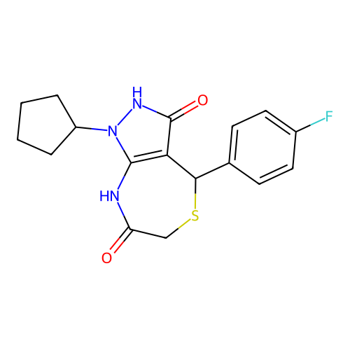 1-cyclopentyl-4-(4-fluorophenyl)-4,8-dihydro-2H-pyrazolo[3,4-e][1,4]thiazepine-3,7-dione structure