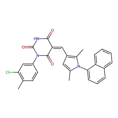 (5Z)-1-(3-chloro-4-methylphenyl)-5-[(2,5-dimethyl-1-naphthalen-1-ylpyrrol-3-yl)methylidene]-1,3-diazinane-2,4,6-trione structure