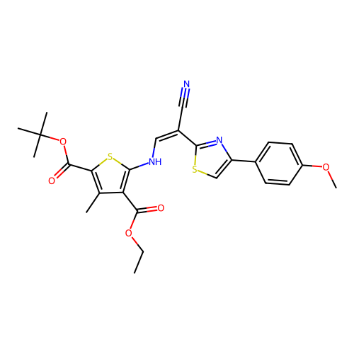 (Z)-2-tert-butyl 4-ethyl 5-((2-cyano-2-(4-(4-methoxyphenyl)thiazol-2-yl)vinyl)amino)-3-methylthiophene-2,4-dicarboxylate structure
