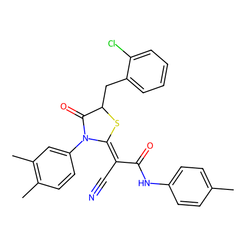 (2Z)-2-[5-(2-chlorobenzyl)-3-(3,4-dimethylphenyl)-4-oxo-1,3-thiazolidin-2-ylidene]-2-cyano-N-(4-methylphenyl)ethanamide structure