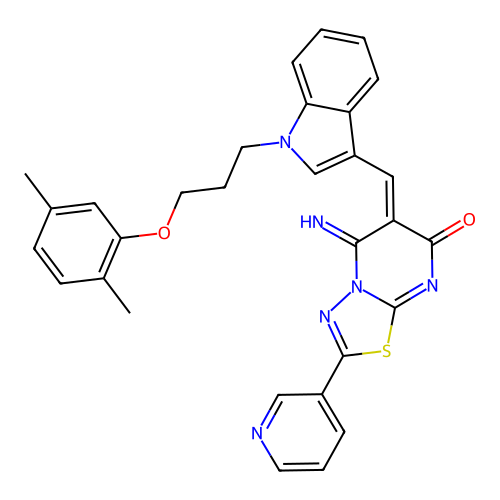 (E)-6-((1-(3-(2,5-dimethylphenoxy)propyl)-1H-indol-3-yl)methylene)-5-imino-2-(pyridin-3-yl)-5H-[1,3,4]thiadiazolo[3,2-a]pyrimidin-7(6H)-one structure