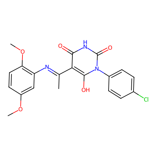 (Z)-1-(4-chlorophenyl)-5-(1-((2,5-dimethoxyphenyl)amino)ethylidene)pyrimidine-2,4,6(1H,3H,5H)-trione structure