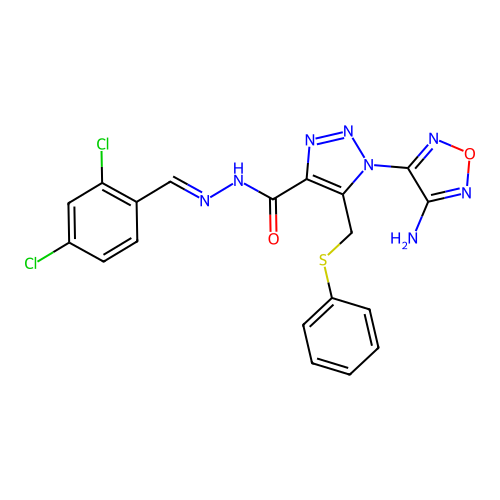 (E)-1-(4-amino-1,2,5-oxadiazol-3-yl)-N'-(2,4-dichlorobenzylidene)-5-((phenylthio)methyl)-1H-1,2,3-triazole-4-carbohydrazide structure