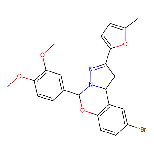 9-bromo-5-(3,4-dimethoxyphenyl)-2-(5-methylfuran-2-yl)-1,10b-dihydropyrazolo[1,5-c][1,3]benzoxazine structure