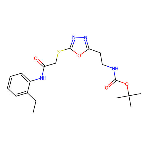 (2-{5-[(2-Ethyl-phenylcarbamoyl)-methylsulfanyl]-[1,3,4]oxadiazol-2-yl}-ethyl)-carbamic acid tert-butyl  ester structure