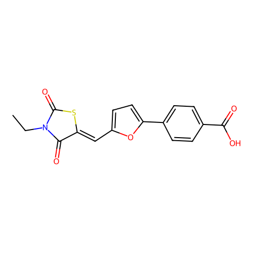 (Z)-4-(5-((3-ethyl-2,4-dioxothiazolidin-5-ylidene)methyl)furan-2-yl)benzoic acid structure