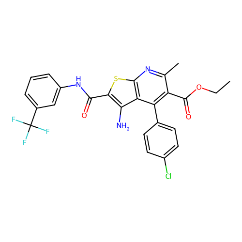 ethyl 3-amino-4-(4-chlorophenyl)-6-methyl-2-((3-(trifluoromethyl)phenyl)carbamoyl)thieno[2,3-b]pyridine-5-carboxylate structure
