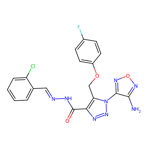 (E)-1-(4-amino-1,2,5-oxadiazol-3-yl)-N'-(2-chlorobenzylidene)-5-((4-fluorophenoxy)methyl)-1H-1,2,3-triazole-4-carbohydrazide structure