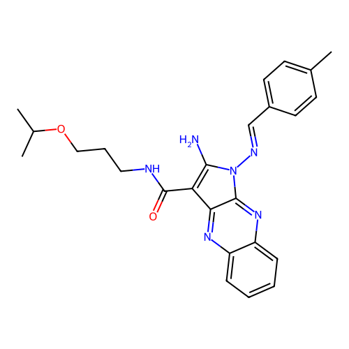 (E)-2-amino-N-(3-isopropoxypropyl)-1-((4-methylbenzylidene)amino)-1H-pyrrolo[2,3-b]quinoxaline-3-carboxamide structure