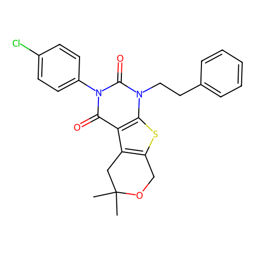 3-(4-chlorophenyl)-6,6-dimethyl-1-(2-phenylethyl)-1,5,6,8-tetrahydro-2H-pyrano[4',3':4,5]thieno[2,3-d]pyrimidine-2,4(3H)-dione structure