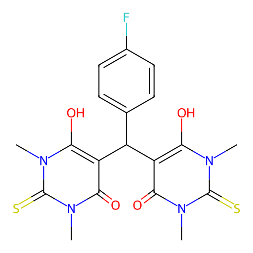 5,5'-((4-fluorophenyl)methylene)bis(6-hydroxy-1,3-dimethyl-2-thioxo-2,3-dihydropyrimidin-4(1H)-one) structure