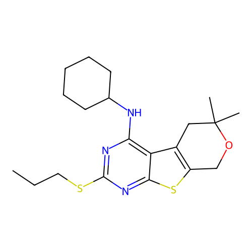 N-cyclohexyl-6,6-dimethyl-2-(propylsulfanyl)-5,8-dihydro-6H-pyrano[4',3':4,5]thieno[2,3-d]pyrimidin-4-amine structure