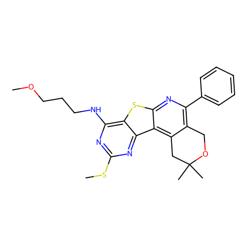 N-(3-methoxypropyl)-2,2-dimethyl-10-(methylsulfanyl)-5-phenyl-1,4-dihydro-2H-pyrano[4'',3'':4',5']pyrido[3',2':4,5]thieno[3,2-d]pyrimidin-8-amine structure