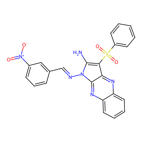 (E)-N1-(3-nitrobenzylidene)-3-(phenylsulfonyl)-1H-pyrrolo[2,3-b]quinoxaline-1,2-diamine structure