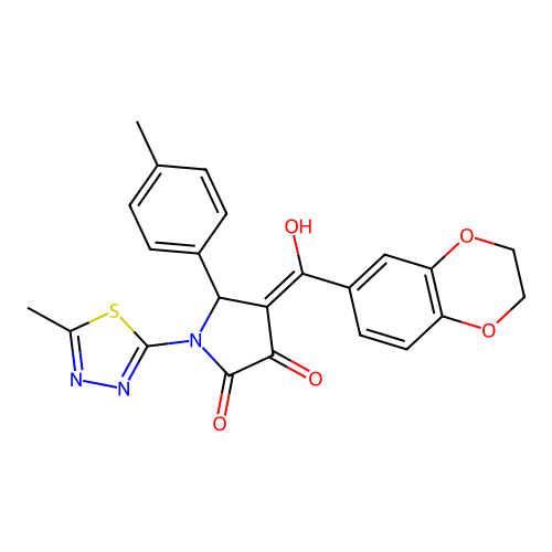 (4E)-4-[2,3-dihydro-1,4-benzodioxin-6-yl(hydroxy)methylidene]-5-(4-methylphenyl)-1-(5-methyl-1,3,4-thiadiazol-2-yl)pyrrolidine-2,3-dione structure