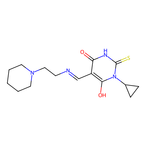 (5E)-1-cyclopropyl-5-({[2-(piperidin-1-yl)ethyl]amino}methylidene)-2-sulfanylpyrimidine-4,6(1H,5H)-dione structure