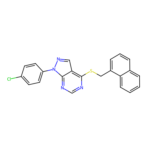 1-(4-chlorophenyl)-4-((naphthalen-1-ylmethyl)thio)-1H-pyrazolo[3,4-d]pyrimidine structure