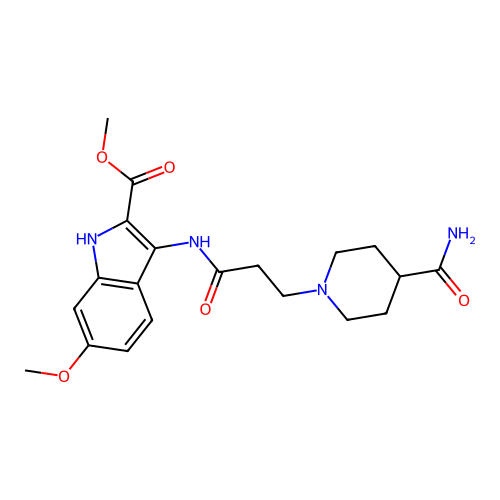 methyl 3-(3-(4-carbamoylpiperidin-1-yl)propanamido)-6-methoxy-1H-indole-2-carboxylate structure