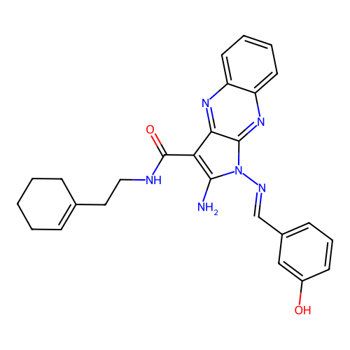 (E)-2-amino-N-(2-(cyclohex-1-en-1-yl)ethyl)-1-((3-hydroxybenzylidene)amino)-1H-pyrrolo[2,3-b]quinoxaline-3-carboxamide structure