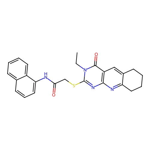 2-((3-ethyl-4-oxo-3,4,6,7,8,9-hexahydropyrimido[4,5-b]quinolin-2-yl)thio)-N-(naphthalen-1-yl)acetamide structure