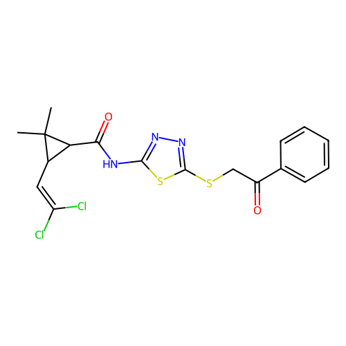 3-(2,2-dichloroethenyl)-2,2-dimethyl-N-(5-phenacylsulfanyl-1,3,4-thiadiazol-2-yl)cyclopropane-1-carboxamide structure