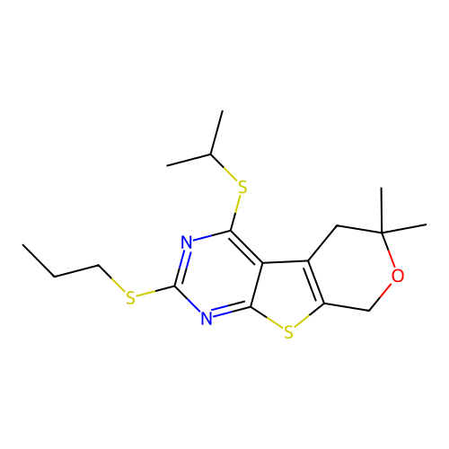 4-(isopropylthio)-6,6-dimethyl-2-(propylthio)-6,8-dihydro-5H-pyrano[4',3':4,5]thieno[2,3-d]pyrimidine structure