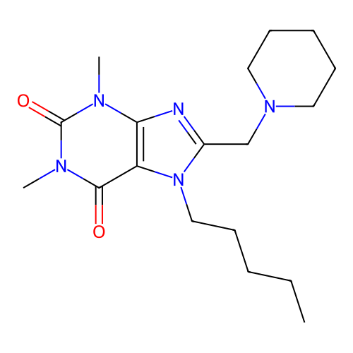 1,3-dimethyl-7-pentyl-8-(piperidin-1-ylmethyl)-3,7-dihydro-1H-purine-2,6-dione structure