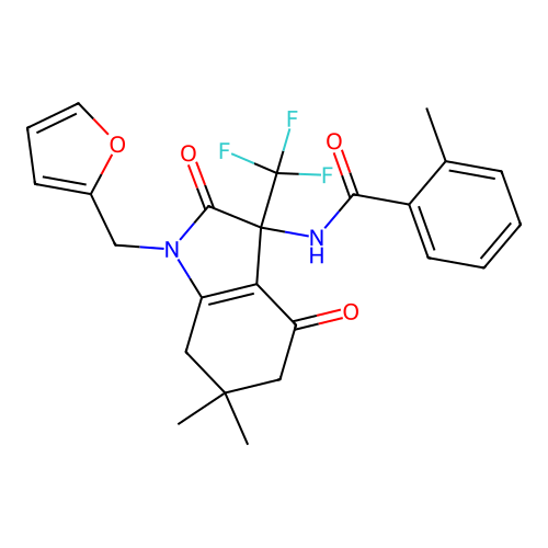 N-(1-(furan-2-ylmethyl)-6,6-dimethyl-2,4-dioxo-3-(trifluoromethyl)-2,3,4,5,6,7-hexahydro-1H-indol-3-yl)-2-methylbenzamide structure