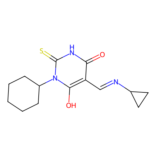 1-cyclohexyl-5-[(cyclopropylamino)methylidene]-2-sulfanylidene-1,3-diazinane-4,6-dione structure