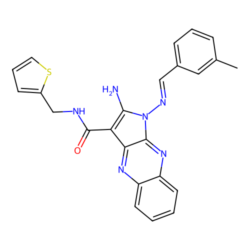 (E)-2-amino-1-((3-methylbenzylidene)amino)-N-(thiophen-2-ylmethyl)-1H-pyrrolo[2,3-b]quinoxaline-3-carboxamide structure