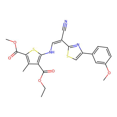 (Z)-4-ethyl 2-methyl 5-((2-cyano-2-(4-(3-methoxyphenyl)thiazol-2-yl)vinyl)amino)-3-methylthiophene-2,4-dicarboxylate structure