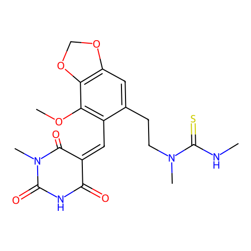 (Z)-1-(2-(7-methoxy-6-((1-methyl-2,4,6-trioxotetrahydropyrimidin-5(2H)-ylidene)methyl)benzo[d][1,3]dioxol-5-yl)ethyl)-1,3-dimethylthiourea structure