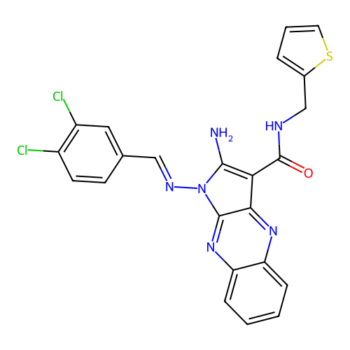 (E)-2-amino-1-((3,4-dichlorobenzylidene)amino)-N-(thiophen-2-ylmethyl)-1H-pyrrolo[2,3-b]quinoxaline-3-carboxamide structure