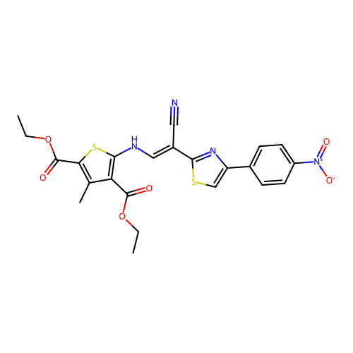 (E)-diethyl 5-((2-cyano-2-(4-(4-nitrophenyl)thiazol-2-yl)vinyl)amino)-3-methylthiophene-2,4-dicarboxylate structure