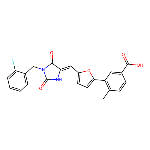 (Z)-3-(5-((1-(2-fluorobenzyl)-2,5-dioxoimidazolidin-4-ylidene)methyl)furan-2-yl)-4-methylbenzoic acid structure