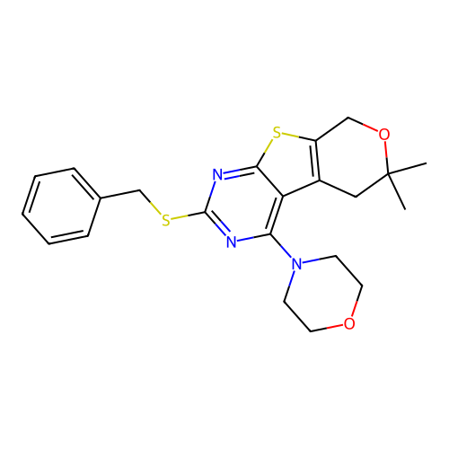 2-(benzylsulfanyl)-6,6-dimethyl-4-(morpholin-4-yl)-5,8-dihydro-6H-pyrano[4',3':4,5]thieno[2,3-d]pyrimidine structure