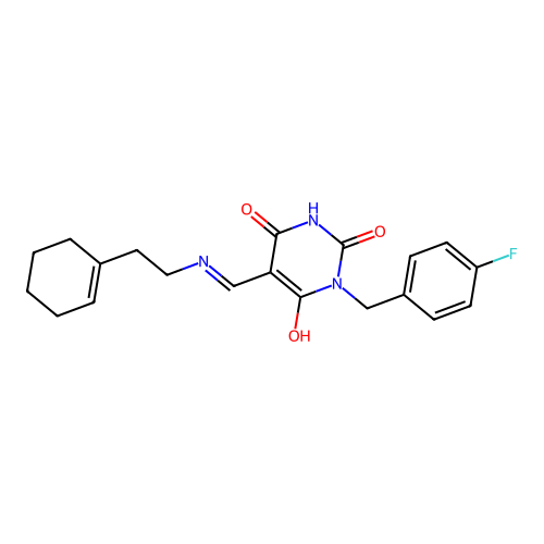 (5E)-5-({[2-(cyclohex-1-en-1-yl)ethyl]amino}methylidene)-3-(4-fluorobenzyl)-6-hydroxypyrimidine-2,4(3H,5H)-dione structure