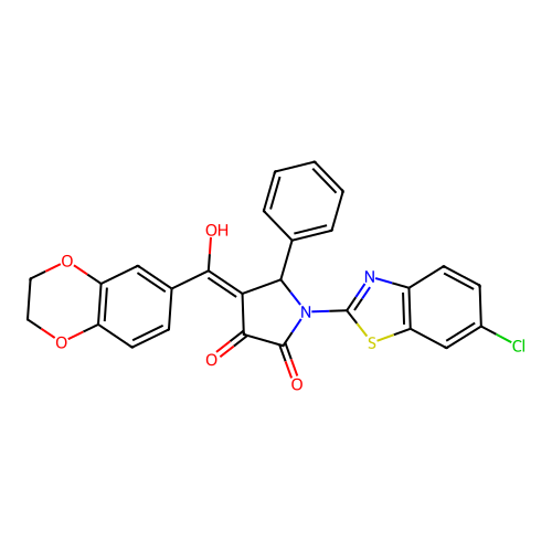 (4E)-1-(6-chloro-1,3-benzothiazol-2-yl)-4-[2,3-dihydro-1,4-benzodioxin-6-yl(hydroxy)methylidene]-5-phenylpyrrolidine-2,3-dione structure